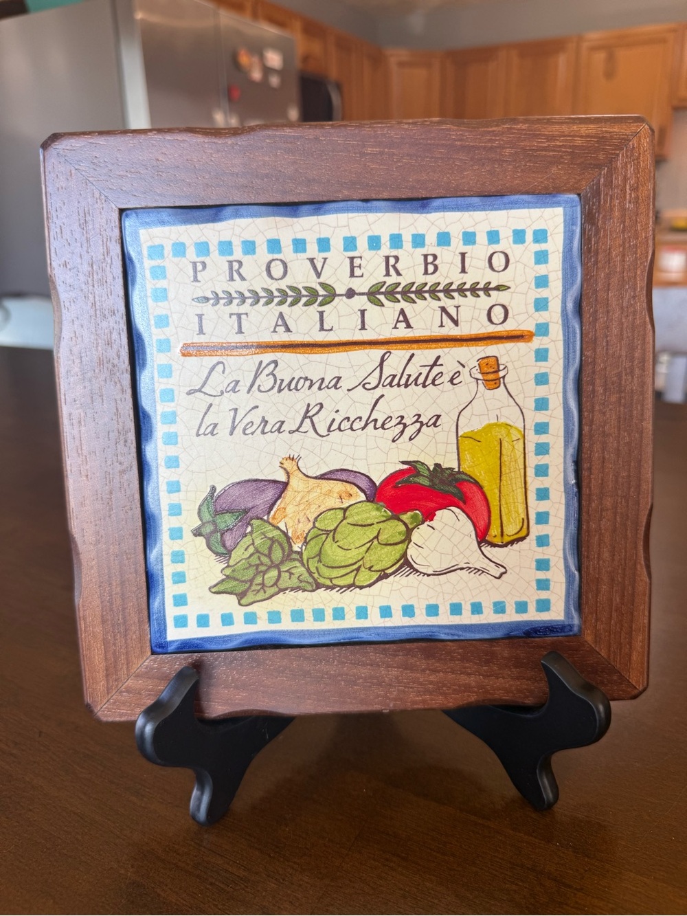 Italian Ceramic Tile Art with Wood Frame - Green & Red